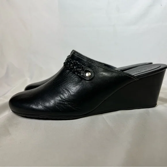 Cole Haan Black Leather Wedge Slip-On Clogs Mules Woven Strap Detail Size 9.5 - Picture 8 of 15